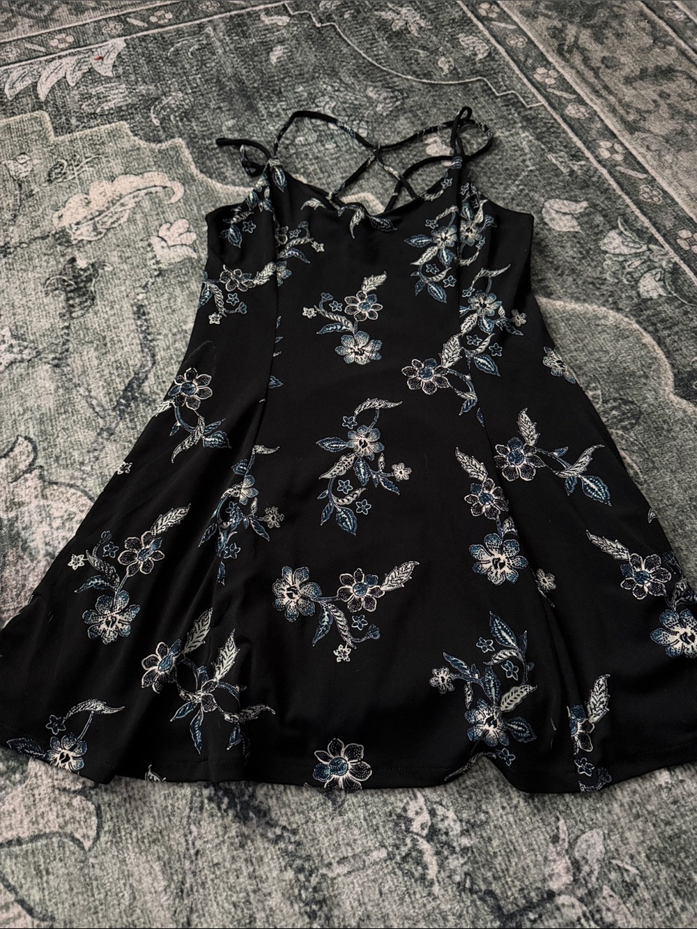 Aeropostale Black Floral Slip Dress with Blue and White Flowers